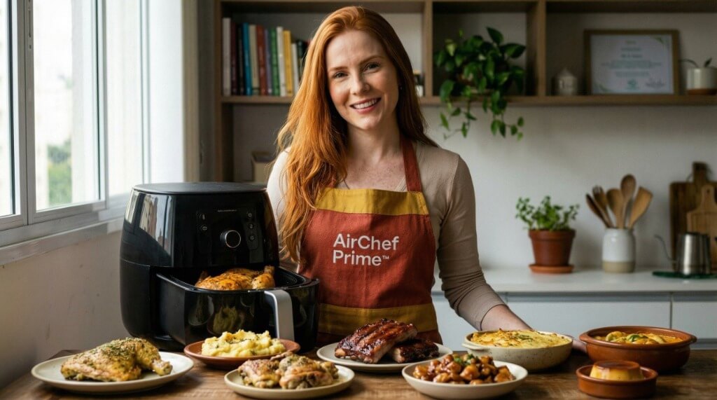 Mesa farta com receitas de Airfryer e mulher sorrindo